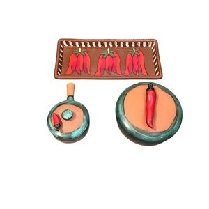 Handmade Rectangular Tray Jalapeño Green Drip‎ Glazed Pottery Set Sign AE 97